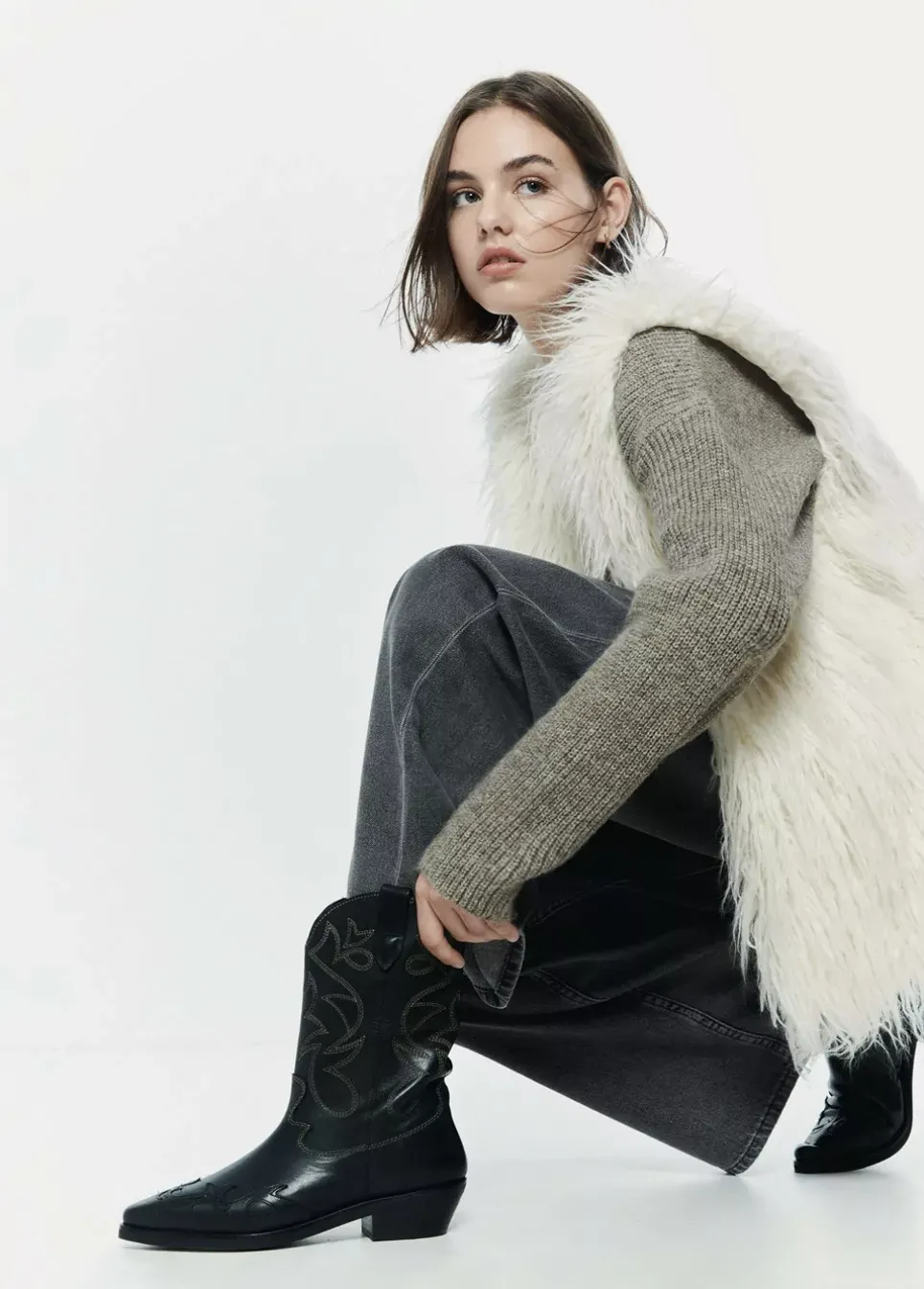 Bota Cowboy Pespuntes Contraste Piel